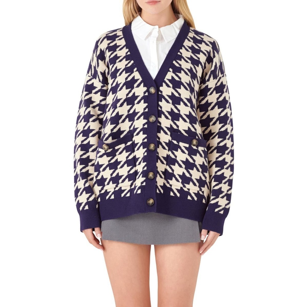 English Factory Knit Houndstooth Cardigan White Blue‎ Patterned Size XS